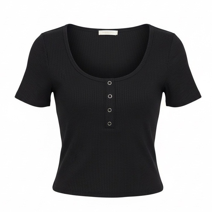 Bozzolo Womens Black Ribbed Henley Crop Top Short Sleeve Scoop Neck Size S New